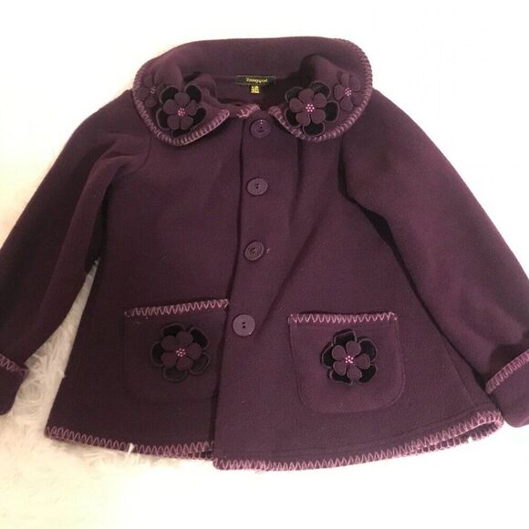 6/6X Girls Purple Fleece Jacket Coat w/Flowers on the Collar and Pockets + HAT - Picture 2 of 7